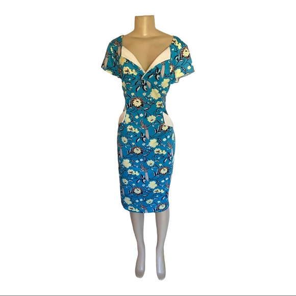Vintage Blue and Yellow Sheath Midi Dress with Sweetheart Neckline - Picture 6 of 9